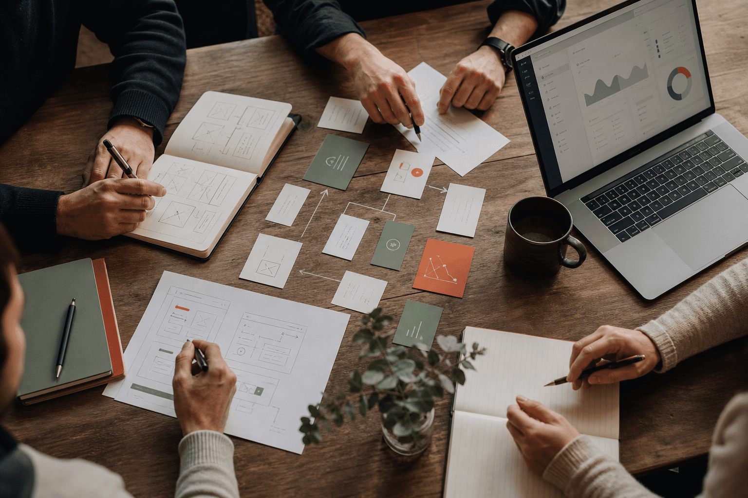 Collaborative software planning session with workflow sketches and a business dashboard